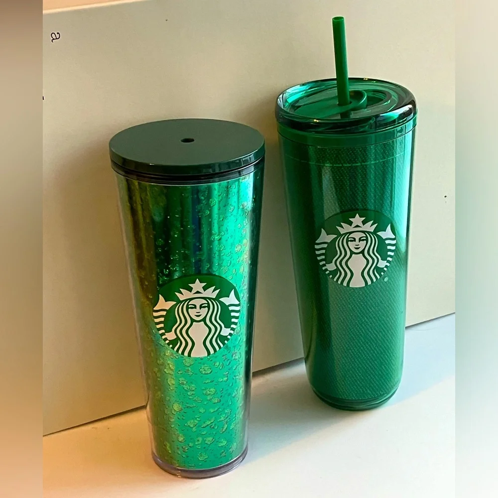 2 Starbucks tall 24 oz. plastic cups Holiday green sparkling flecks and tweed